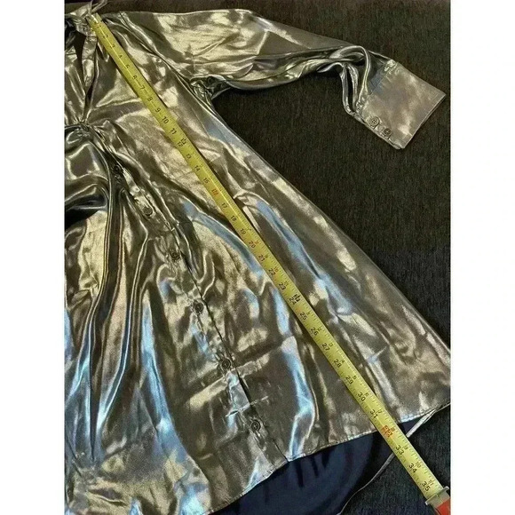 Urban Outfitters Metallic Silver Satin Shirt Mini Dress Button Down Midnight S - Picture 6 of 11